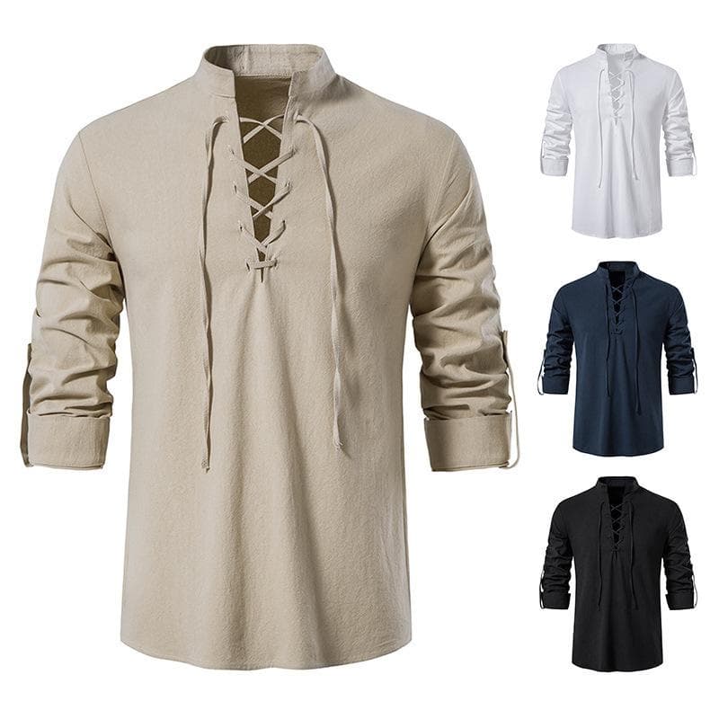 Camisa renascentista masculina pirata medieval viking top algodão linho camisas masculinas manga comprida fantasia de halloween cm branco