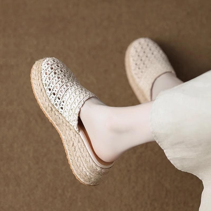 Moda Altura Interna 2025 Verão Novo Vazado Trifle Tecido Baotou Meio Chinelo Plataforma Feminina Palha Slip-ons cm