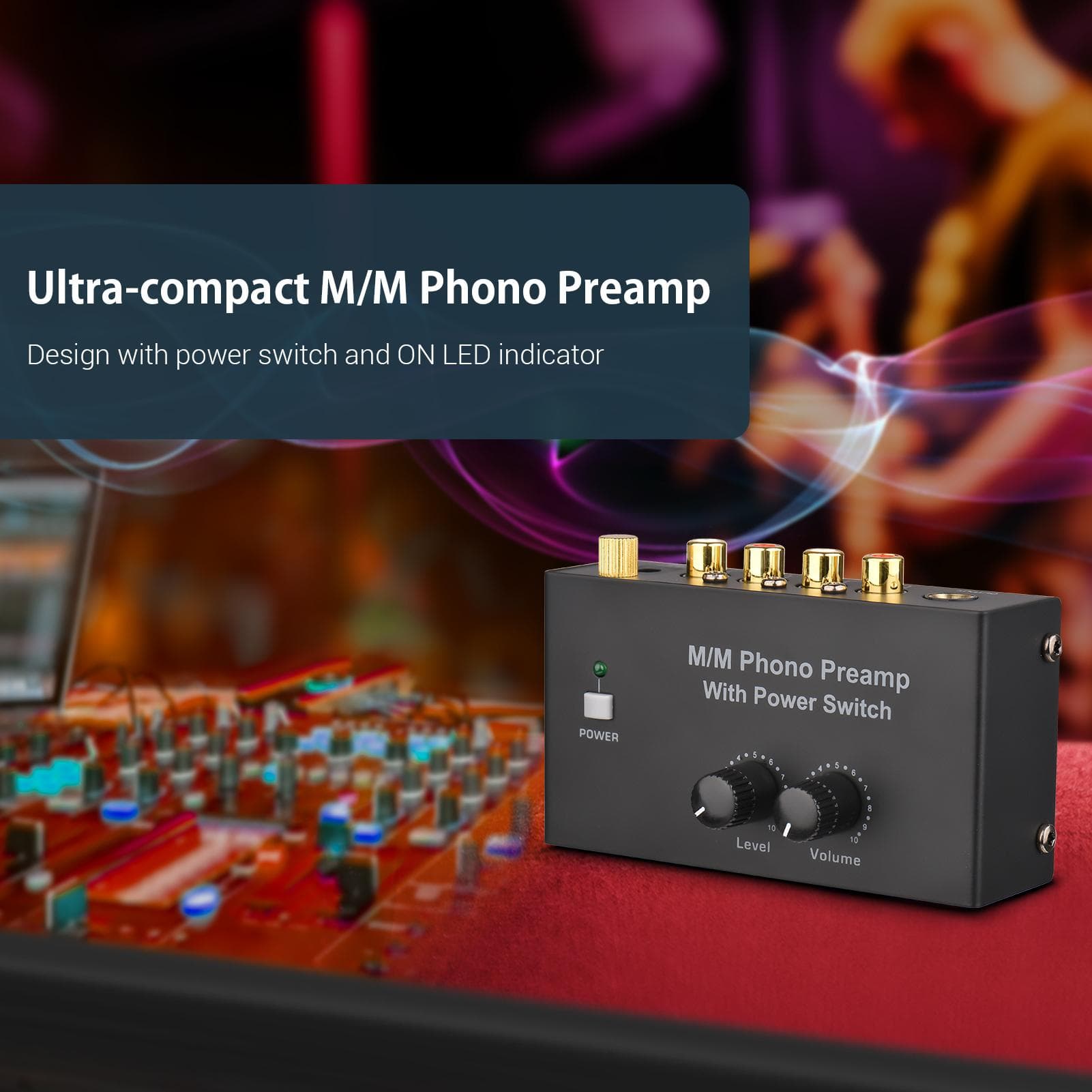 Pré-amplificador Phono M/M com interruptor de alimentação Pré-amplificador ultracompacto com entrada RCA de controle de nível e volume
