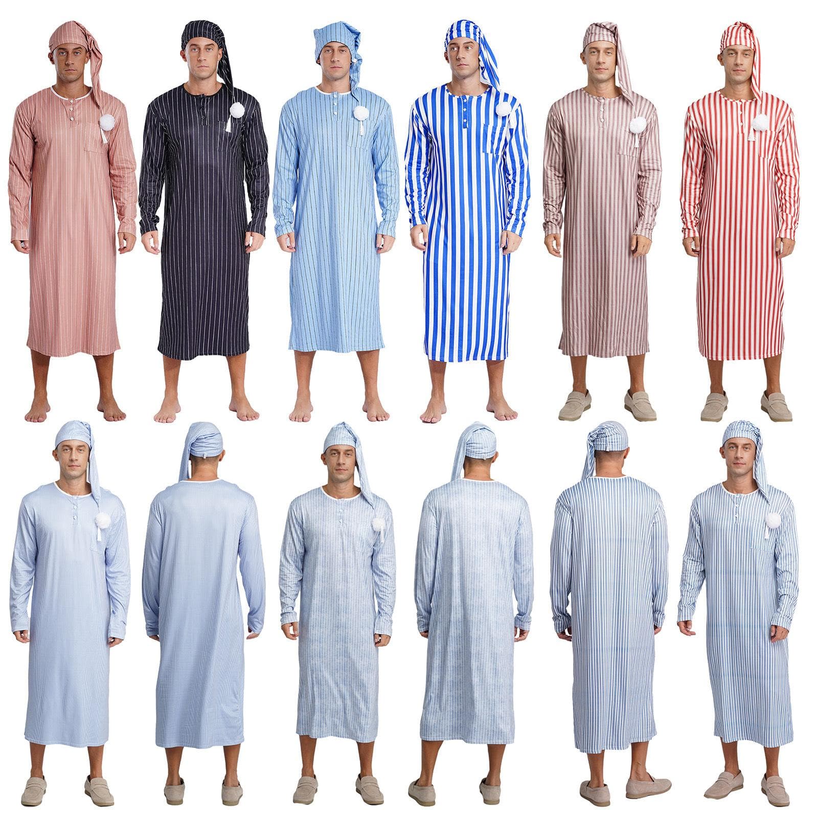 Roupa de Dormir Sissy Masculina Roupão de Dormir Listrado Manga Longa Roupão Longo Pompom Chapéu de Dormir Ajustável Pijama Árabe cm