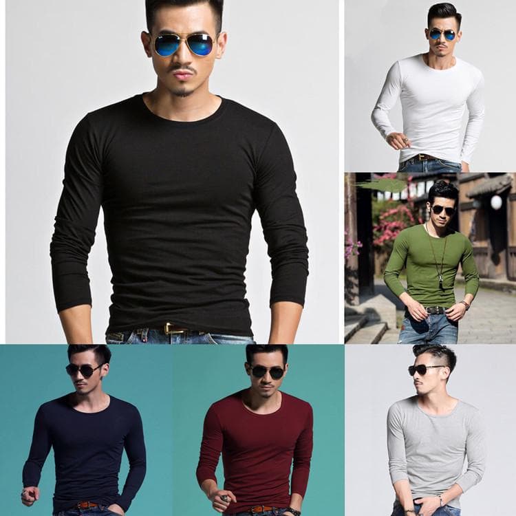 Camiseta masculina slim de manga comprida 6 cores camiseta casual justa cm