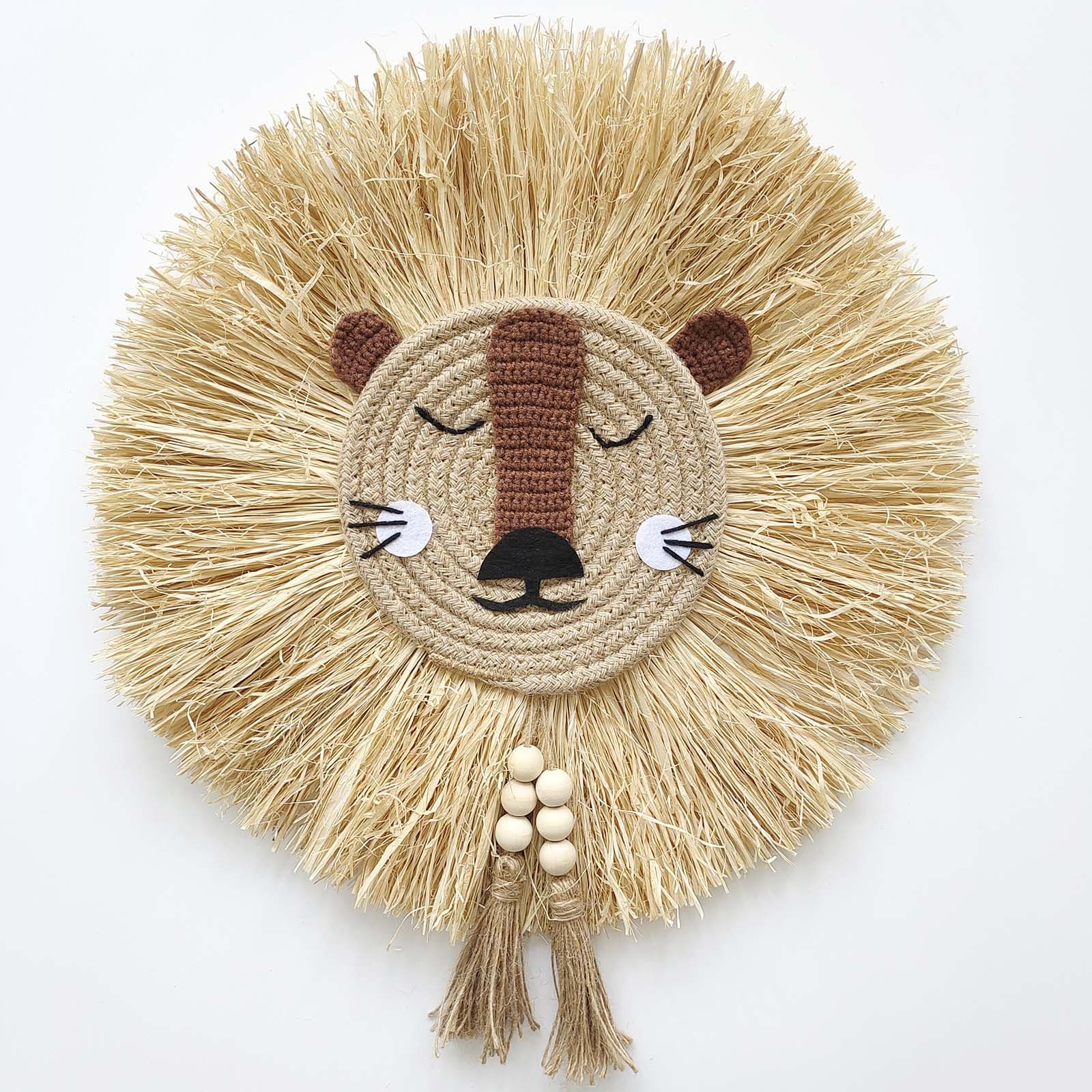 Decoração de parede de tigre, arte boho, cabeça de animal da selva tecida com borla de contas para quarto de criança, cubículo de brinquedo,