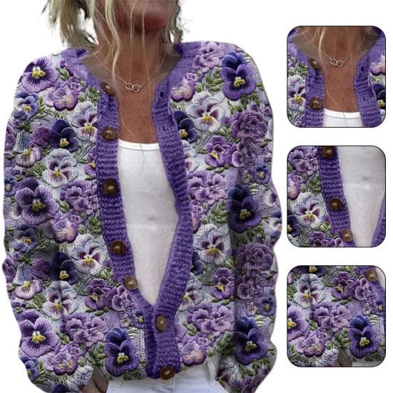 Cardigan Suéter Feminino Yousheng Gola Redonda Manga Longa Estampa de Flores 3D Botão Jaqueta de Tricô Aconchegante Quente Outono Inverno Tops cm