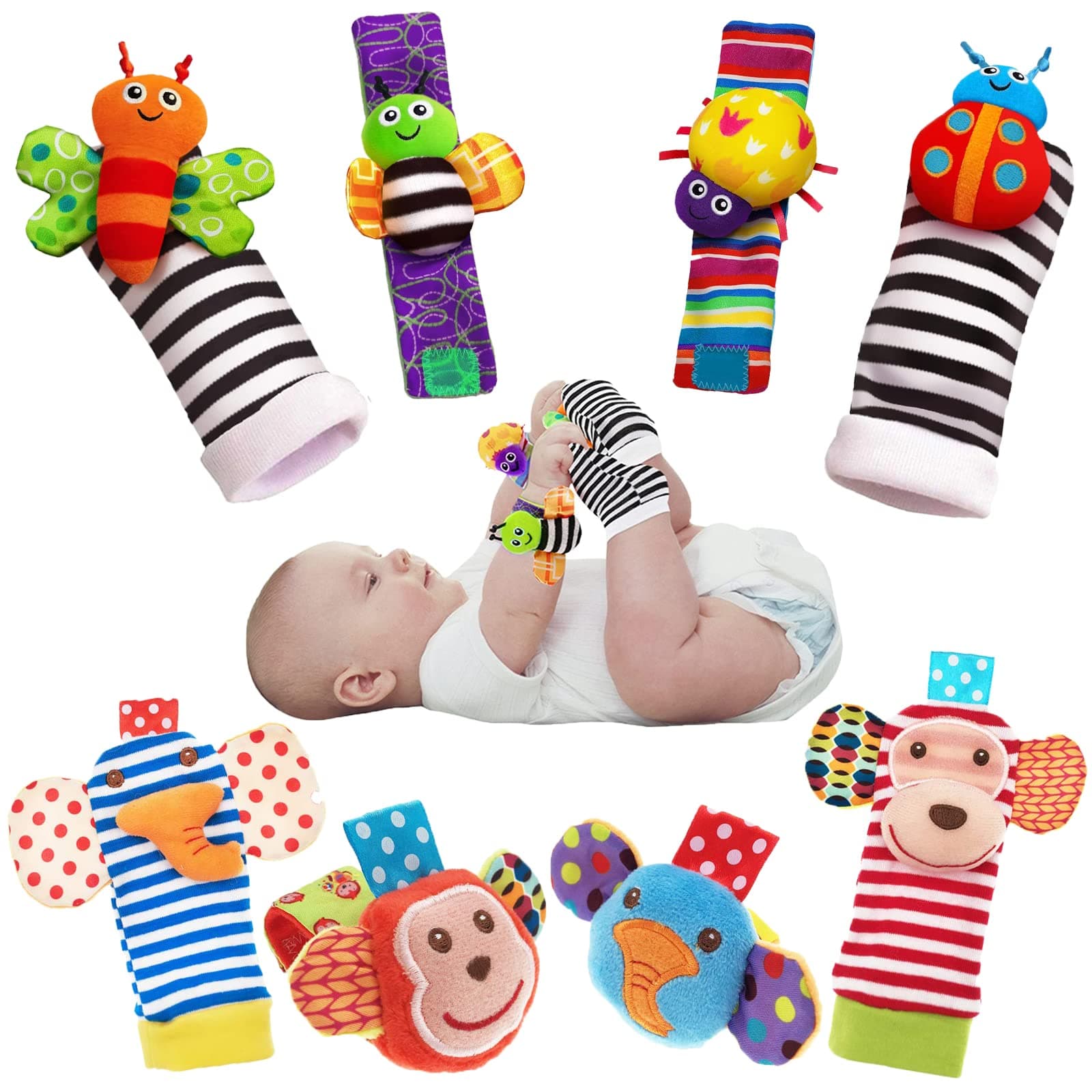4PCS/SET Bebê Chocalho Brinquedos Bonitos Bichos de Pelúcia Chocalho de Pulso Pé Localizador Meias 0~12 Meses Para Bebê Menino Menina
