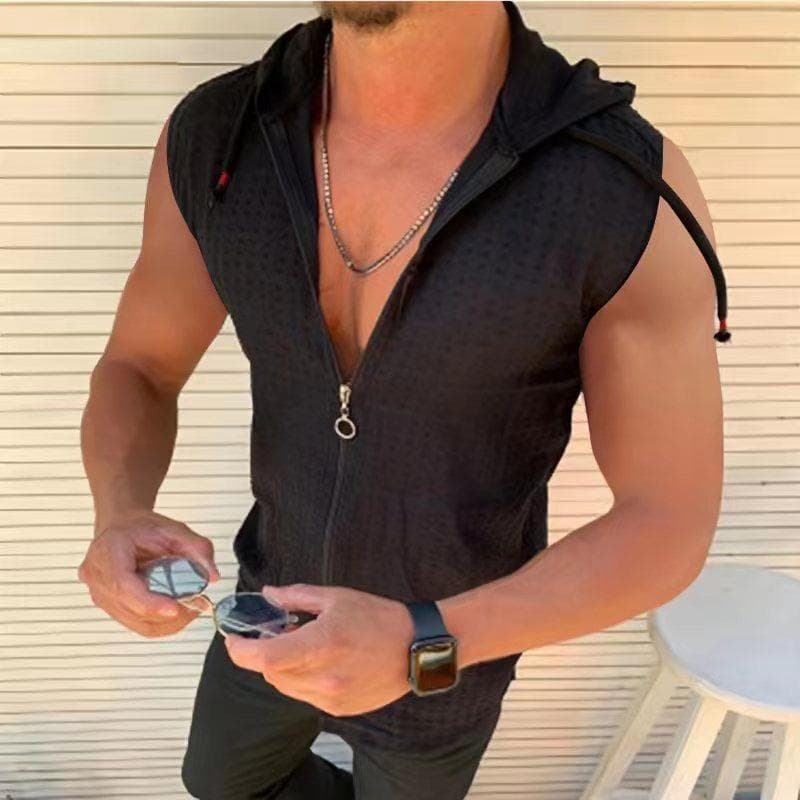 Cardigan de Zíper com Capuz de Manga Curta Camiseta Verão Masculino Nova Moda Xadrez Camiseta Sem Mangas Masculina Top com Lapela cm branco
