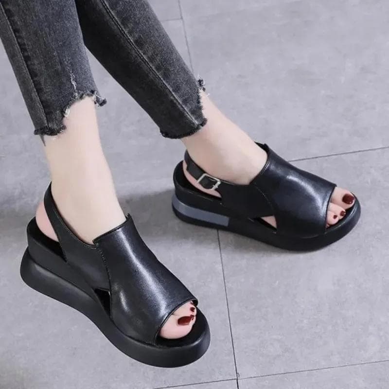 Sandálias de Plataforma com Salto Anabela de Moda Verão Moda Retro Sapatos Romanos Femininos Casuais Abertos na Ponta Macias Confortáveis