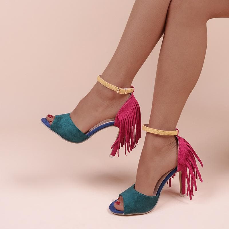 Moda Moda Novas Sandálias Coloridas Femininas De Salto Alto Sexy Borla Sapatos Femininos Boca De Peixe Bombas Senhoras Sapatos De Biqueira Aberta