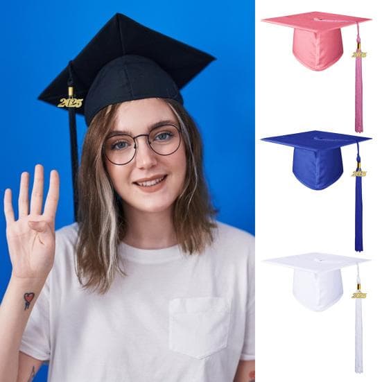 Boné de formatura adulto fosco unissex ajustável boné de solteiro com 2025 pingente borlas longas traje de formatura boné de solteiro para fotos