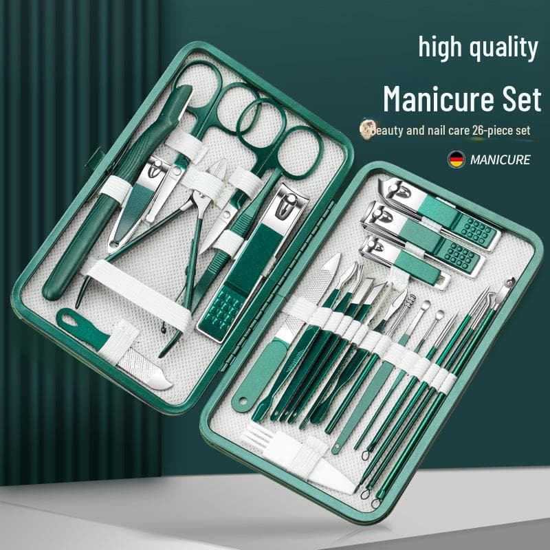 Conjunto de cortadores de unhas de manicure de aço inoxidável verde escuro com 26 peças, cortadores de pele morta, tesouras de unha, ferramentas de