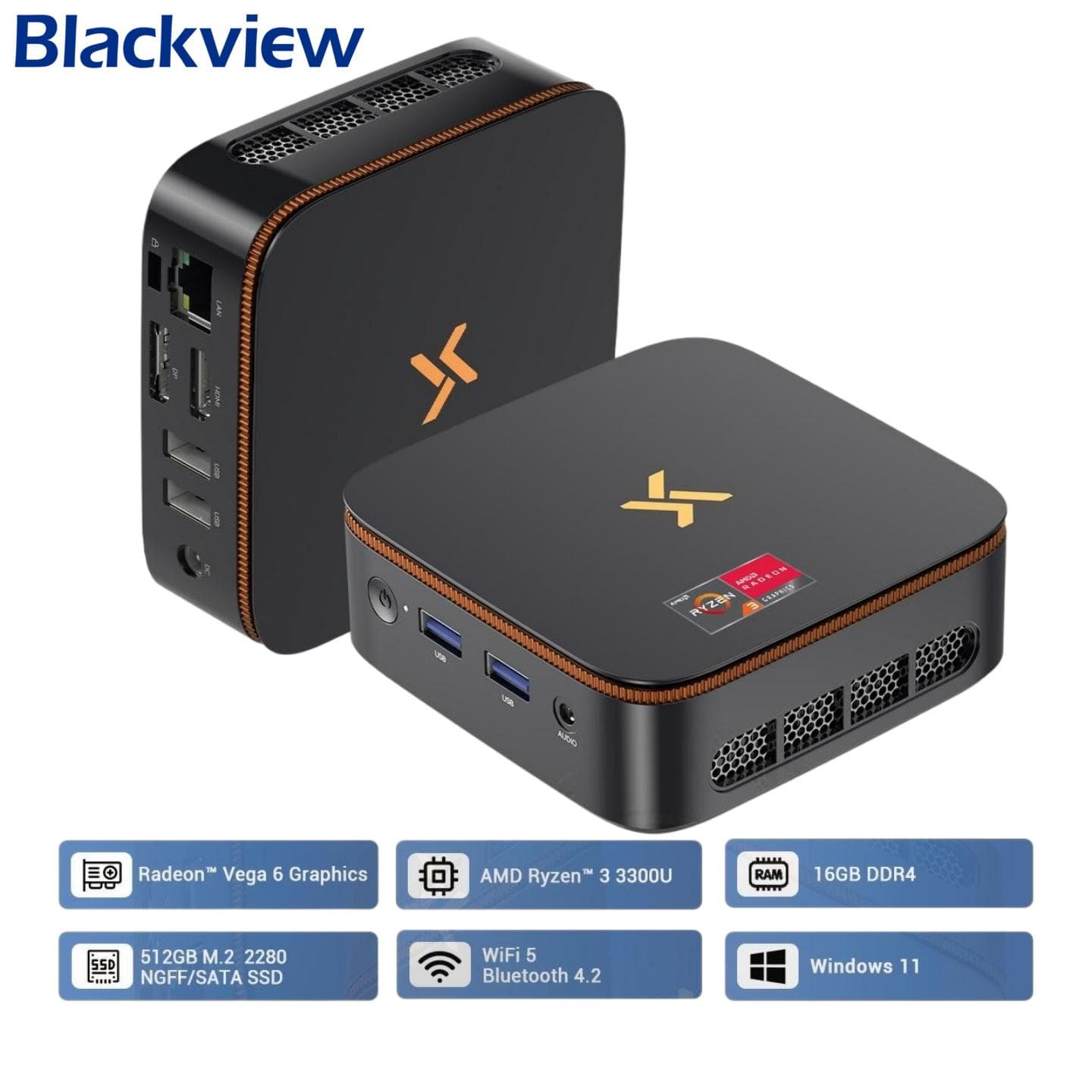 Mini PC Huidun H50 AMD Ryzen 3300U 16GB 512GB SSD Windows 11Pro Computador MINI HDMI preto
