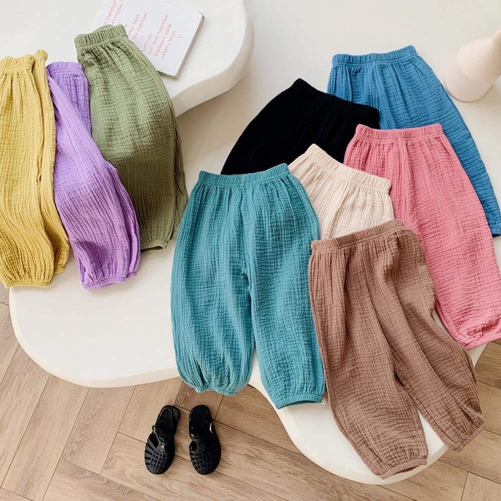 Verão de linho crianças meninas protetor solar calça casual solta crianças meninos calças cortadas anti-mosquito cm preto