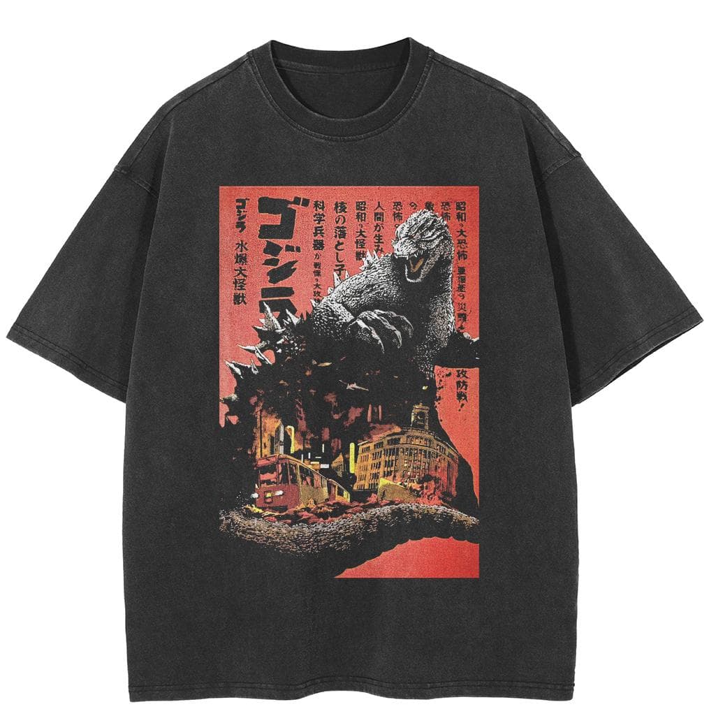 Camiseta gráfica japonesa Godzilla Streetwear, camiseta de algodão lavada preta, tops unissex, camisetas de verão, manga curta cm preto