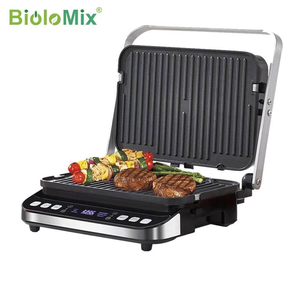 BioloMix 2000W Grelhador de contato elétrico Digital e prensa Panini, placas opcionais para fazer waffles, abre churrasqueira de 180 graus