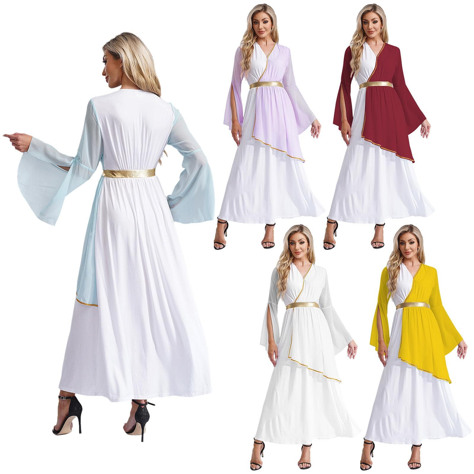 Fantasia Grega Feminina Rainha Romana Princesa Toga Antiga Vestido Decote V Manga Comprida Contraste Vestido de Fantasia cm branco