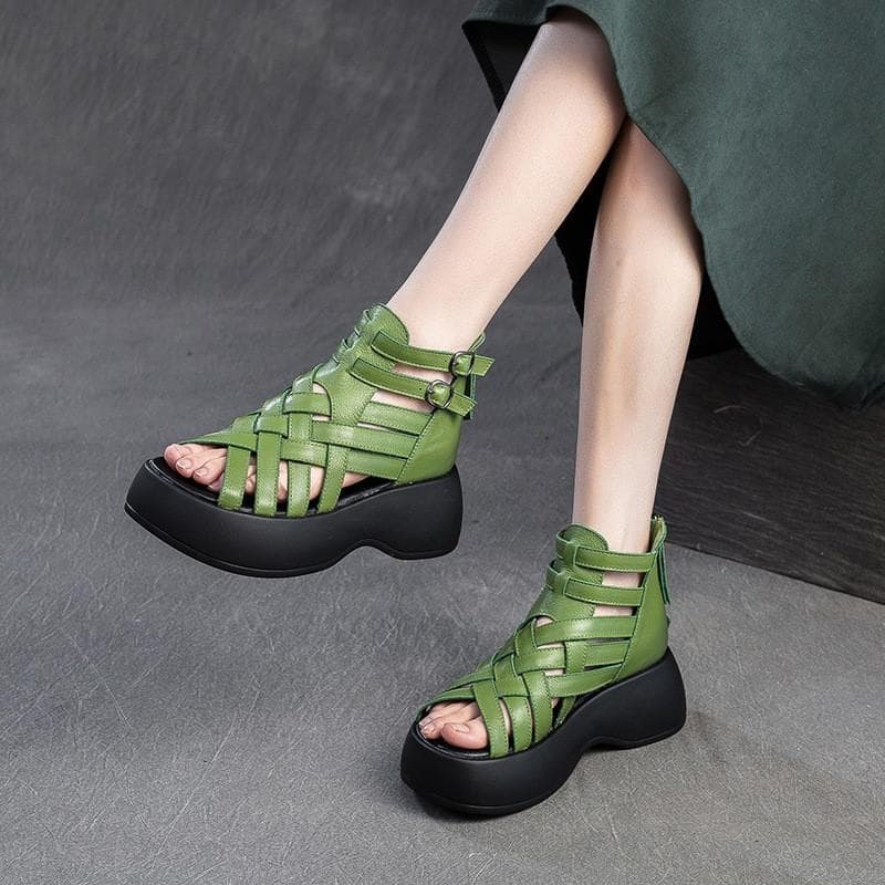 Moda GKTINOO 6cm Tecido Couro Genuíno Moda Botins de Tornozelo Peep Toe Sandálias de Verão Vazado Plataforma Anabela Zíper Sapatos Femininos cm