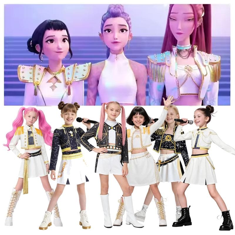 Meninas Crianças Rumi Kpop Caçador de Demônios Cosplay Crianças Preto Dourado Fantasia Criança Disfarce Performance Role Play Animado 160cm