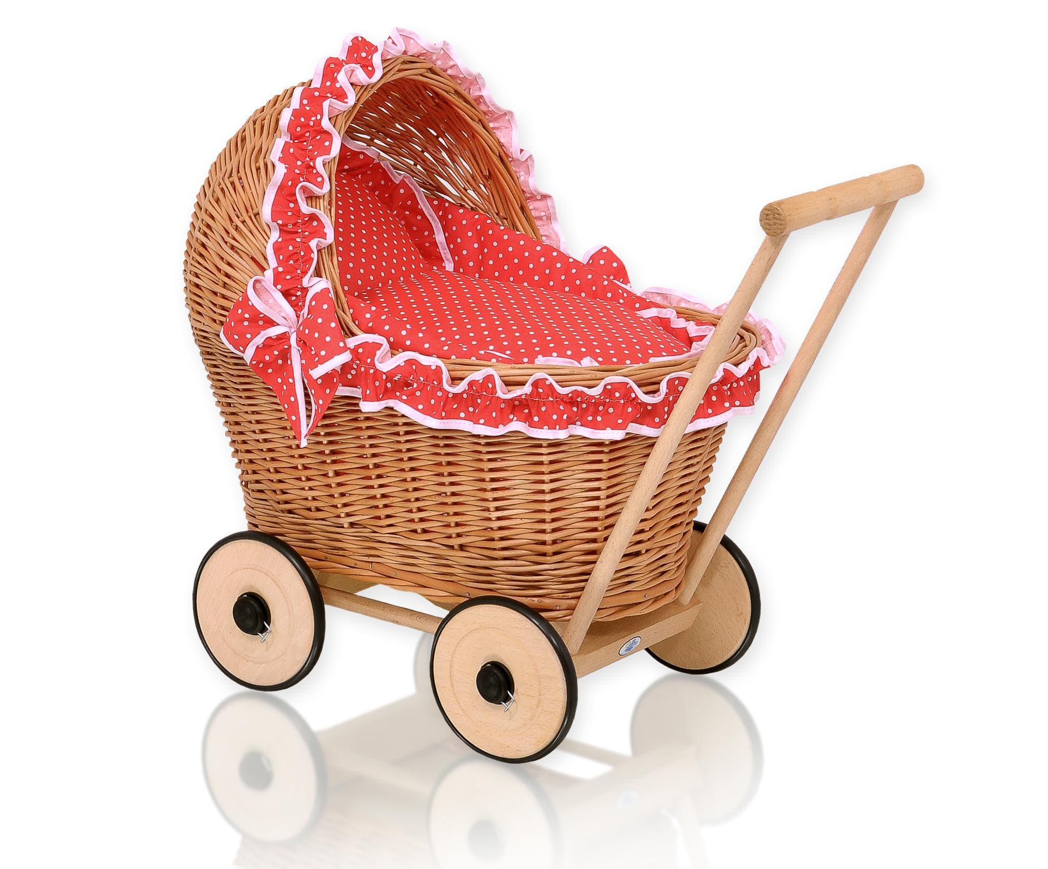 Carrinho de boneca de vime com roupa de cama vermelha e forro macio - natural