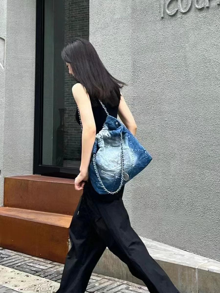 Xiaoxiangfeng Gradiente Lavado Denim Azul Saco de Lixo Grande Capacidade Grade Cadeia Sacola Sacola de Ombro Único Grande Sacola azul