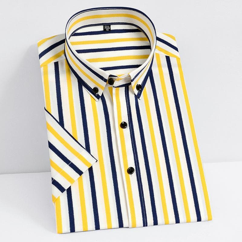 Camisas listradas elásticas de manga curta para homens verão macio negócios camisa social masculina casual ajuste regular qualidade sem bolso