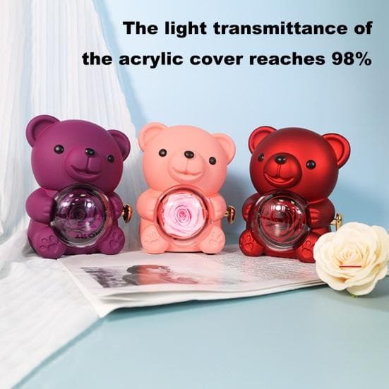 Urso de abraço de rosas preservadas com colar de coração, caixa de presente giratória de urso de flores eternas, esposa, mãe, avó, namorada,