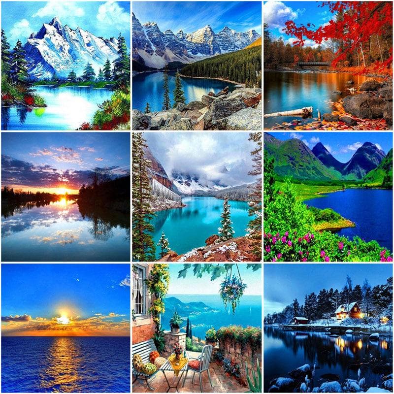 DIY 5D Pintura Diamante Lago Paisagem Diamante Bordado Natureza Cenário Ponto Cruz rosa vermelha