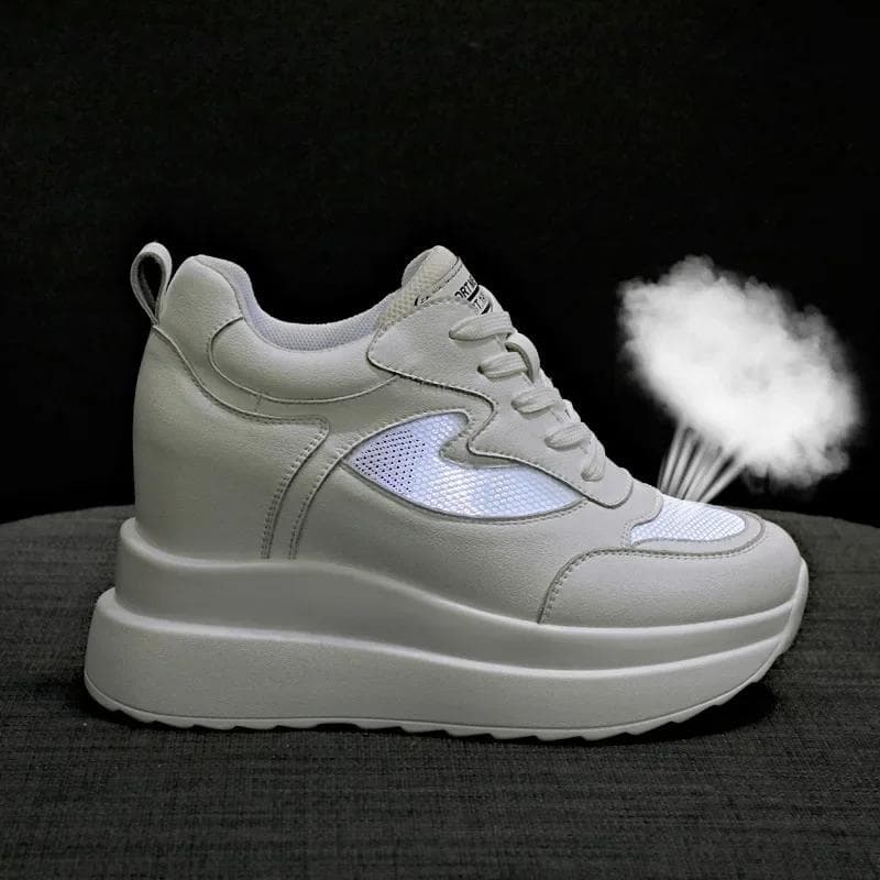 Sapatos de Salto Anabela Femininos Tênis Sapatos de Caminhada em Couro Aumento Interno de Altura 10cm Sapatos Casuais Femininos Outono Novos Sapatos
