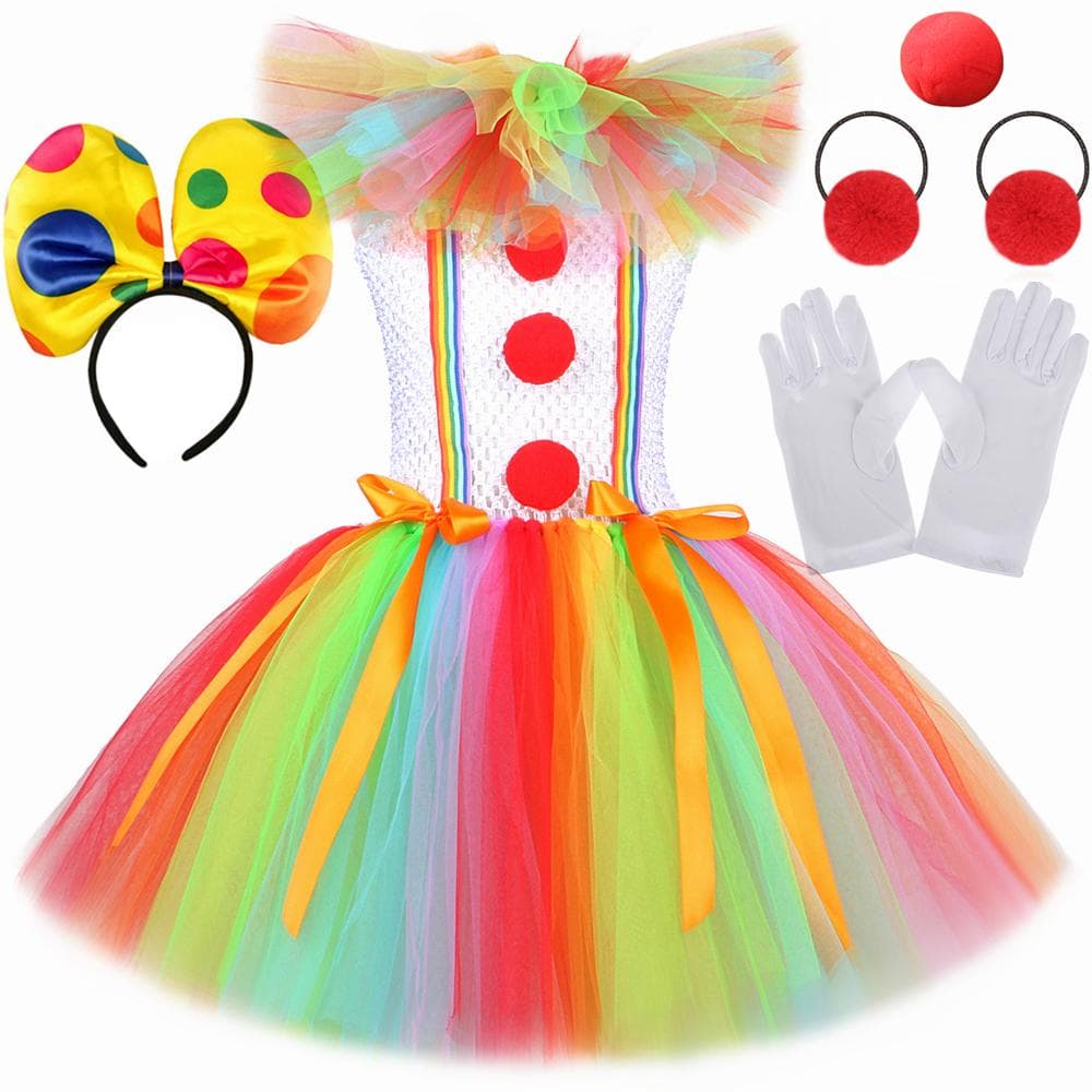 Fantasia de palhaço de circo engraçada arco-íris para meninas, fantasia de festa de carnaval de Halloween, vestido de tule tutu para cosplay de