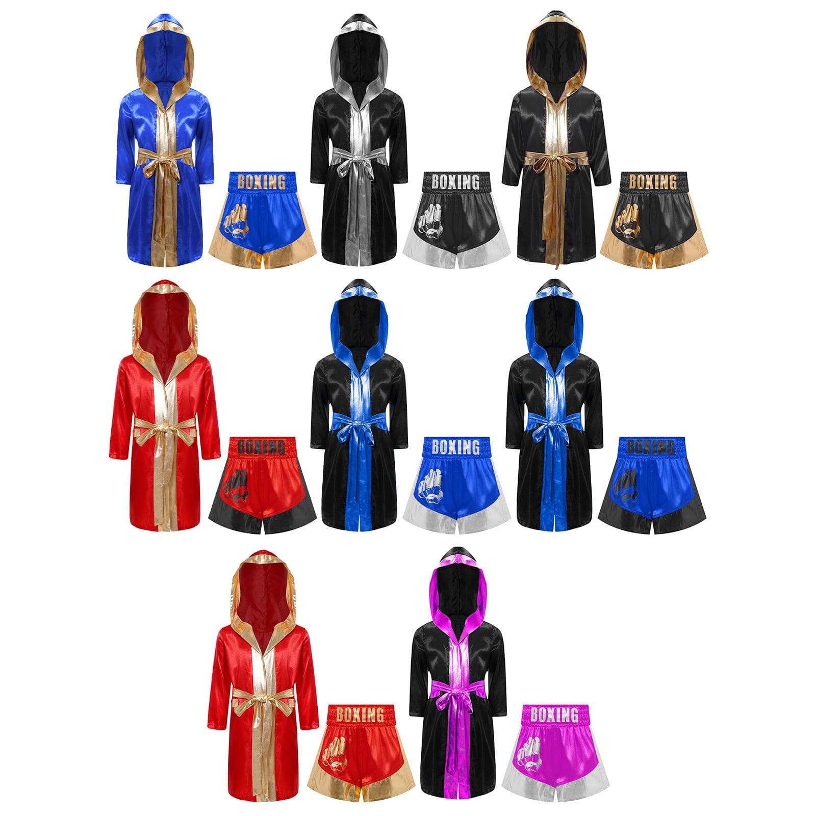 Conjunto de Fantasia de Boxe para Meninos e Meninas de Halloween: Robe de Cetim de Manga Longa com Cinto, Acabamento Metálico e Shorts Divididos