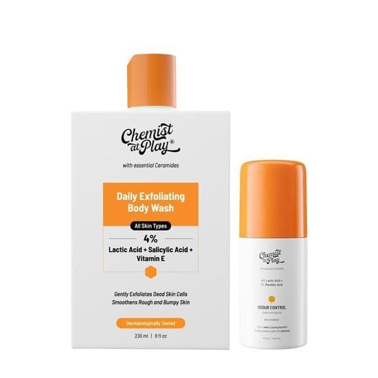 Chemist At Play Sabonete Líquido Esfoliante para o Corpo + Roll-On para Axilas, Fragrância Aqua | Previne Pele Seca, Áspera, Irregular | Para