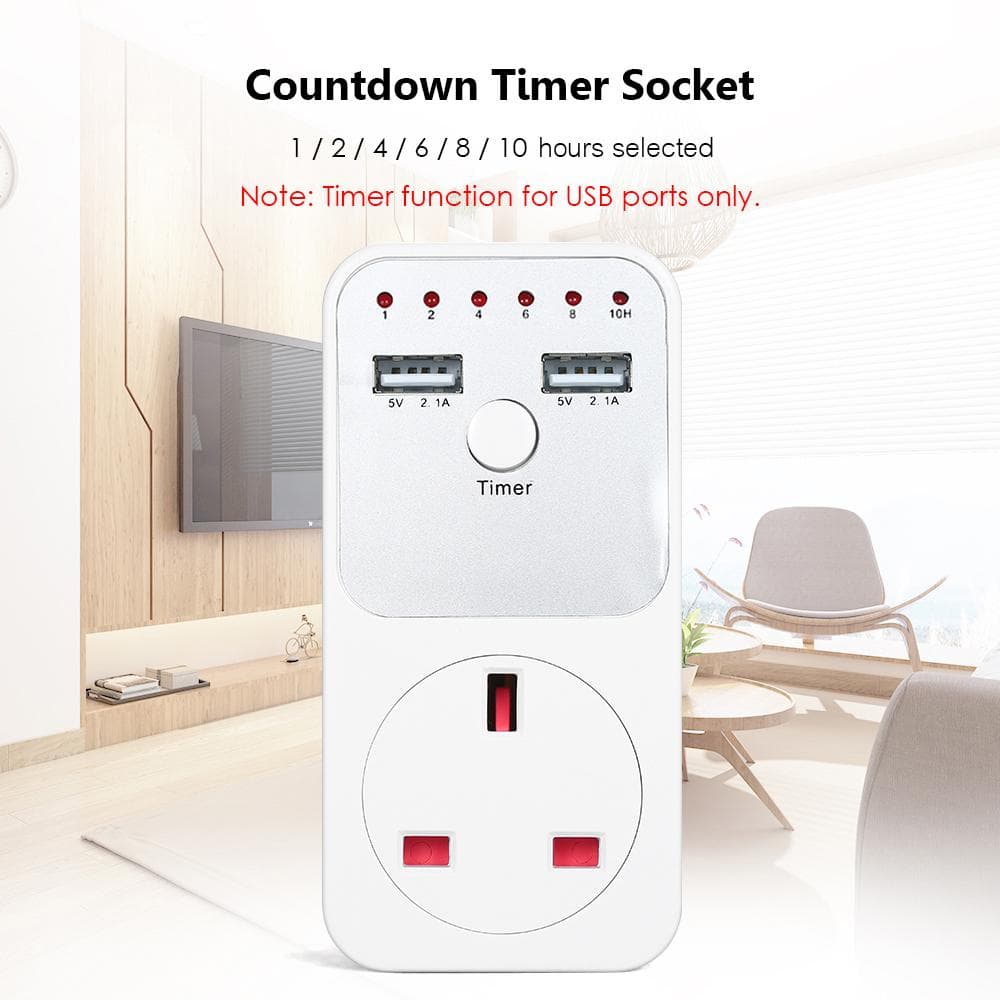 Tomada de temporizador de contagem regressiva com 2 portas USB 5V 2.1A Interruptor de controle de tempo plug-in para aparelhos elétricos - Plugue UK