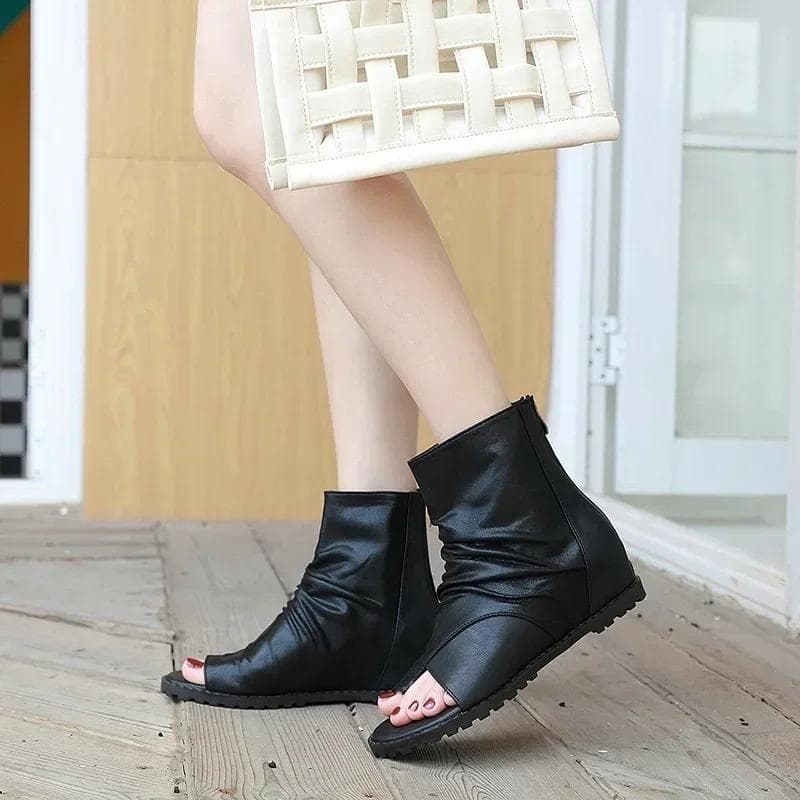 Retro Ring Toe Sandals Gladiator Rome Shoes  Leather Pleated Wedge Ankle Boots Casual Rear Zipper Flat Cool Botas Black Khaki cm caqui