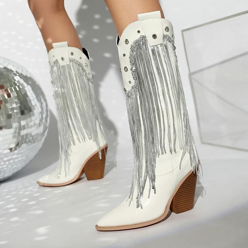 Botas Western de Cowboy Elegantes Cor Marfim Rosa Bico Fino com Lantejoulas Franjas Salto Alto Grosso Altas até o Joelho Brilhantes Meio da