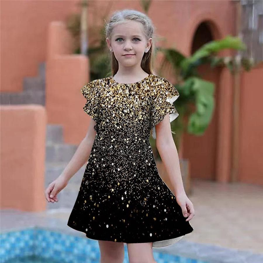 Vestidos estampados dourados para meninas Vestido de festa infantil para meninas Vestido solto Saia de manga curta para meninas com mais de quatro ano