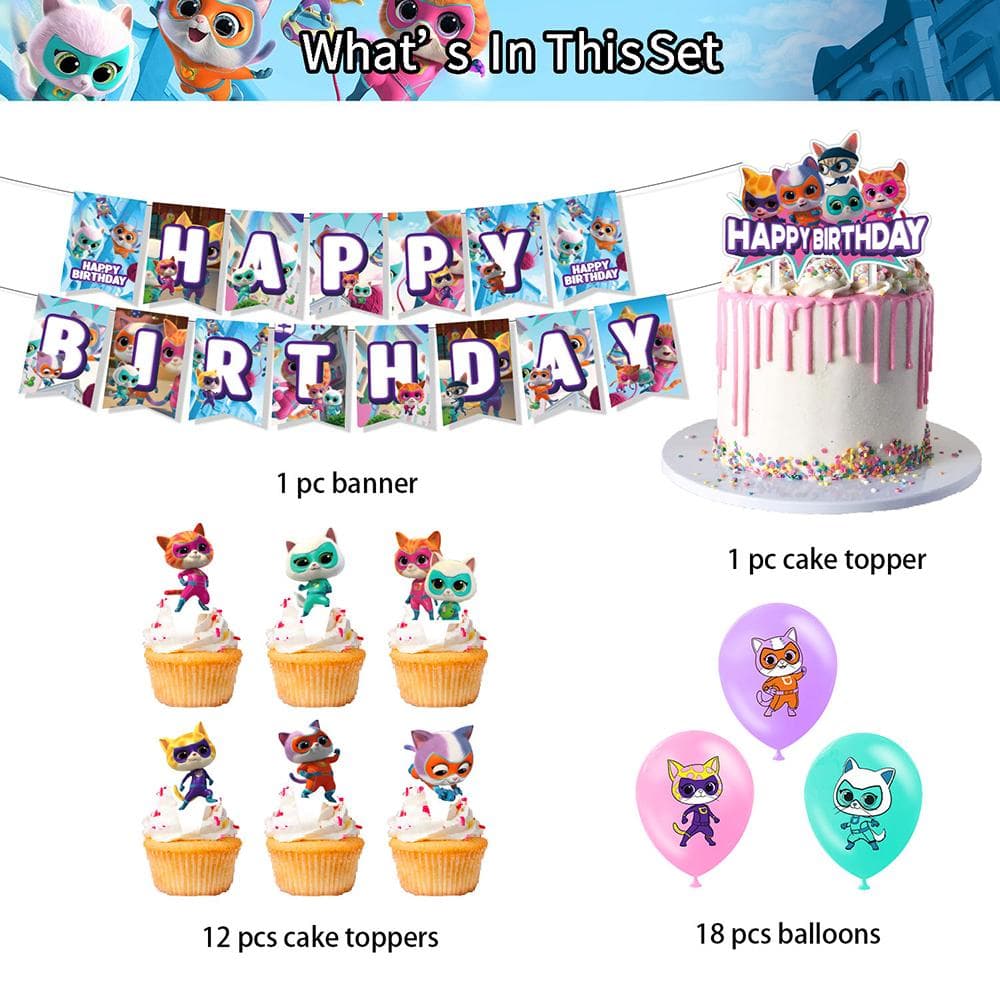 32 peças de suprimentos para festa de super gatinhos, incluindo toppers de cupcake e balões de banner