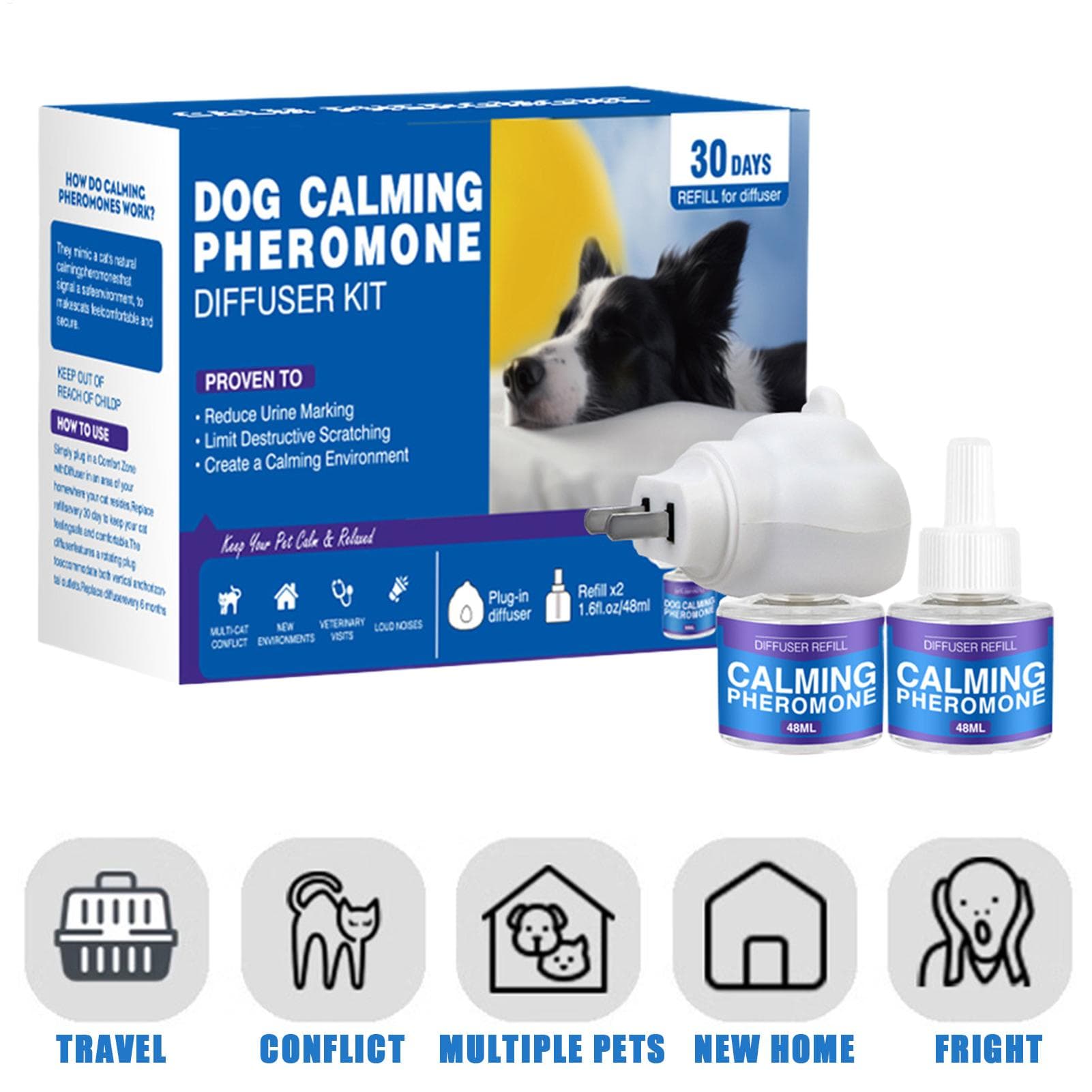 Difusor de Feromônios para Cães Plug-in Calmante Kit de Recarga Alívio da Ansiedade para Animais de Estimação Redução da Agressividade