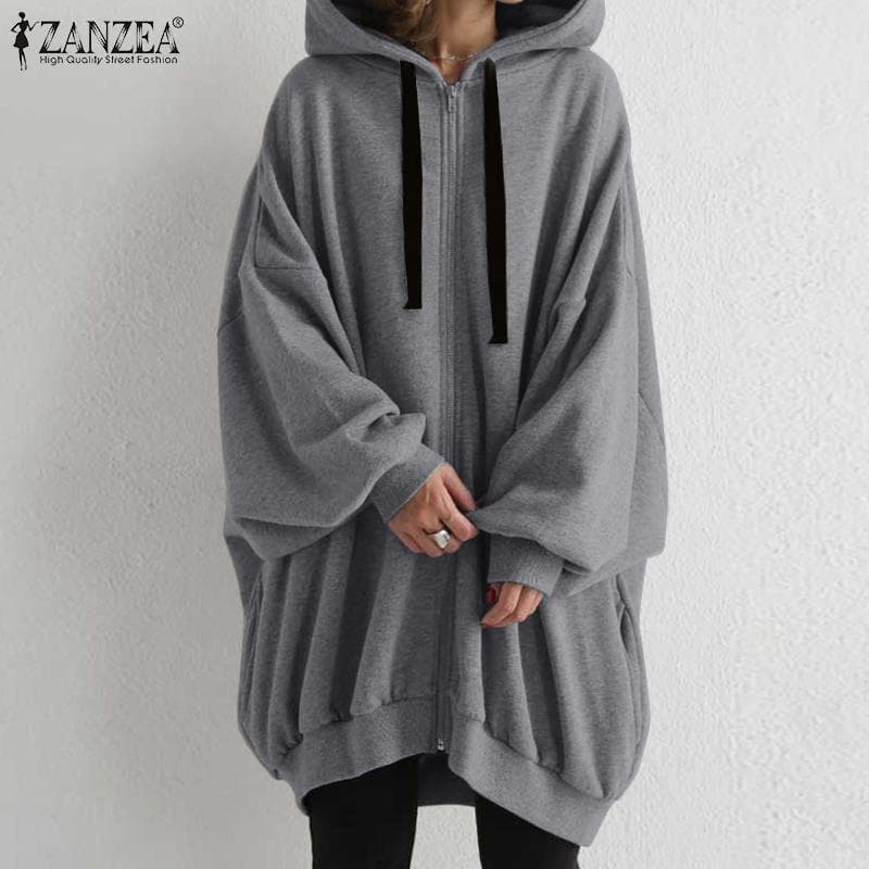 ZANZEA Oversized Hoody Tops Mulheres Primavera Outono Manga Longa Moletom Com Zíper Solto Outwear cm luz-cor cinzenta