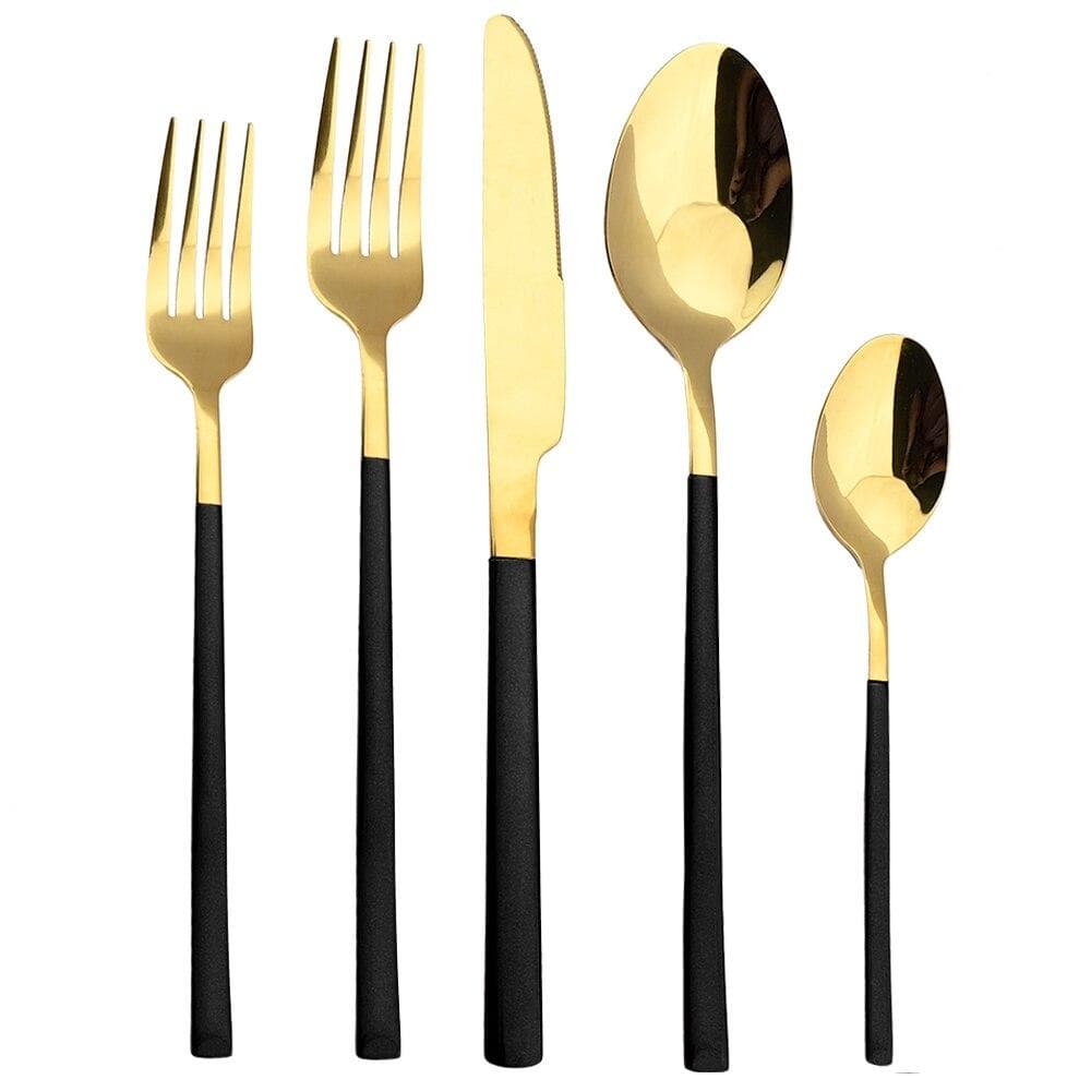Conjunto de talheres de aço inoxidável, 5 peças, faca, garfo, colher, conjunto de talheres de ouro preto, serviço de cozinha para 6