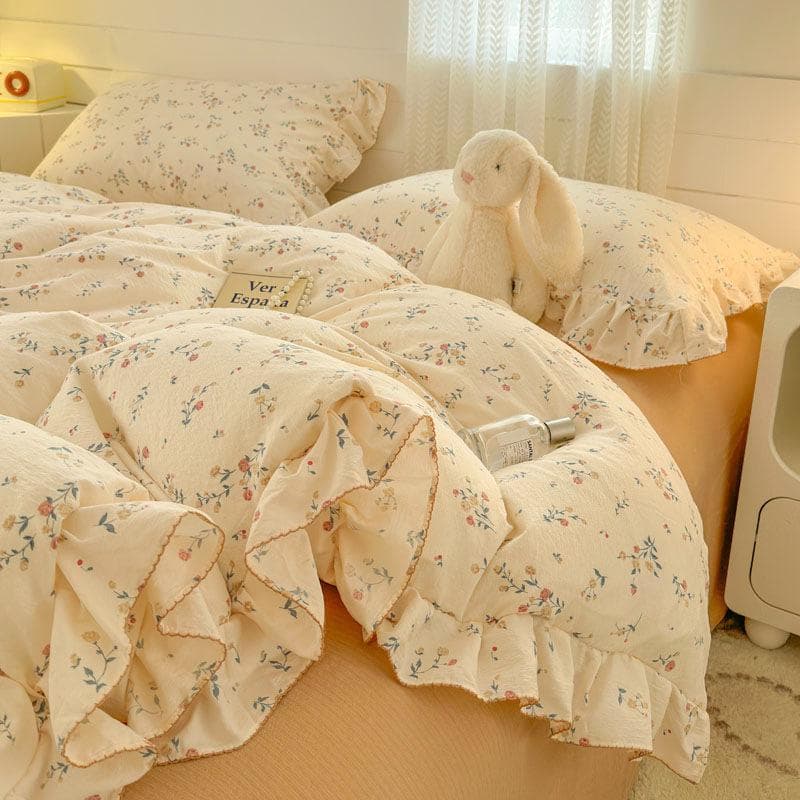 Conjunto de Quatro Peças de Renda de Algodão Puro Lençol de Cama de Fio Macio de Camada Dupla Capa de Edredom Conjunto de Três Peças Solteiro