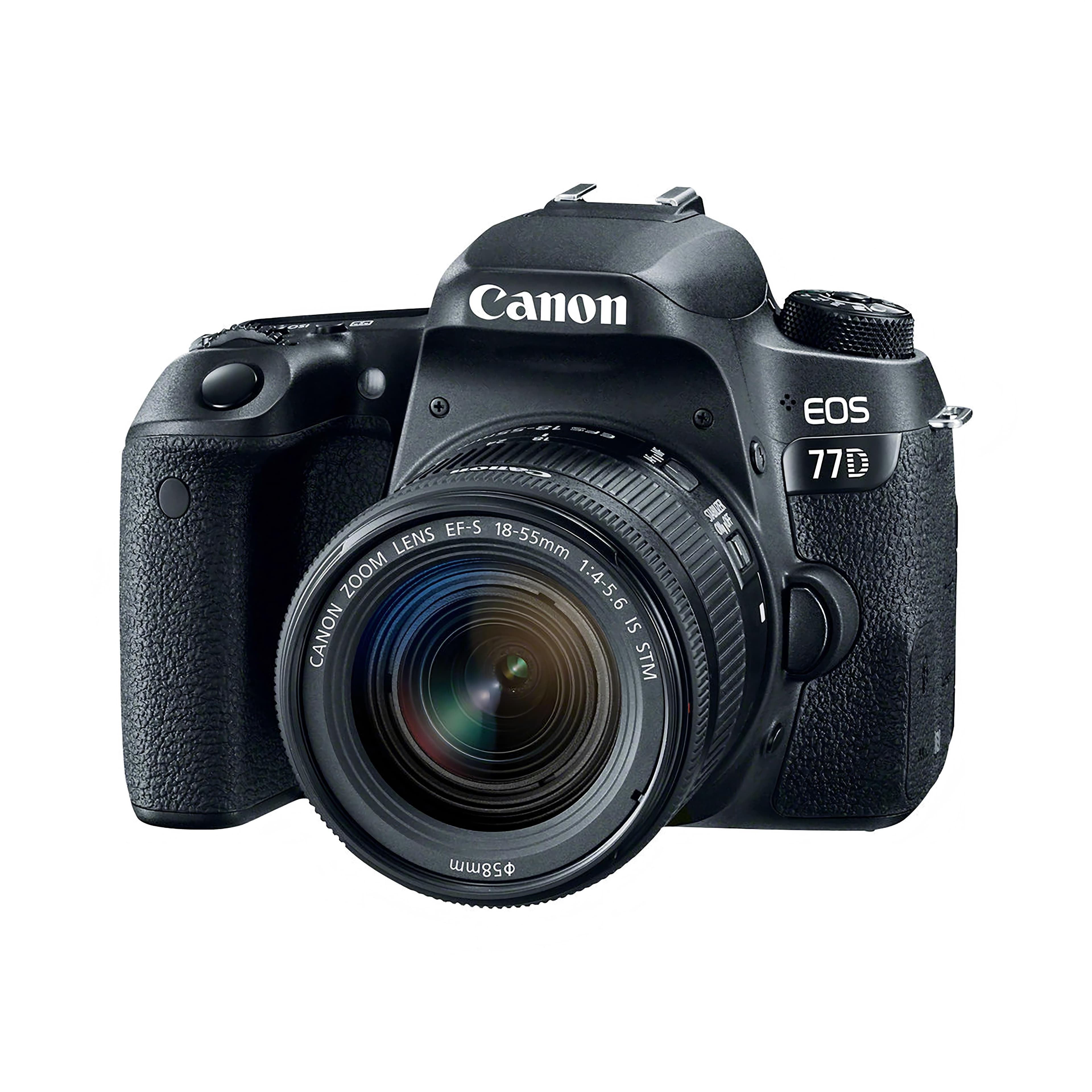 Canon Câmera DSLR EOS 77D + Lente Zoom EF-S 18-55mm f/4-5.6 IS STM preto