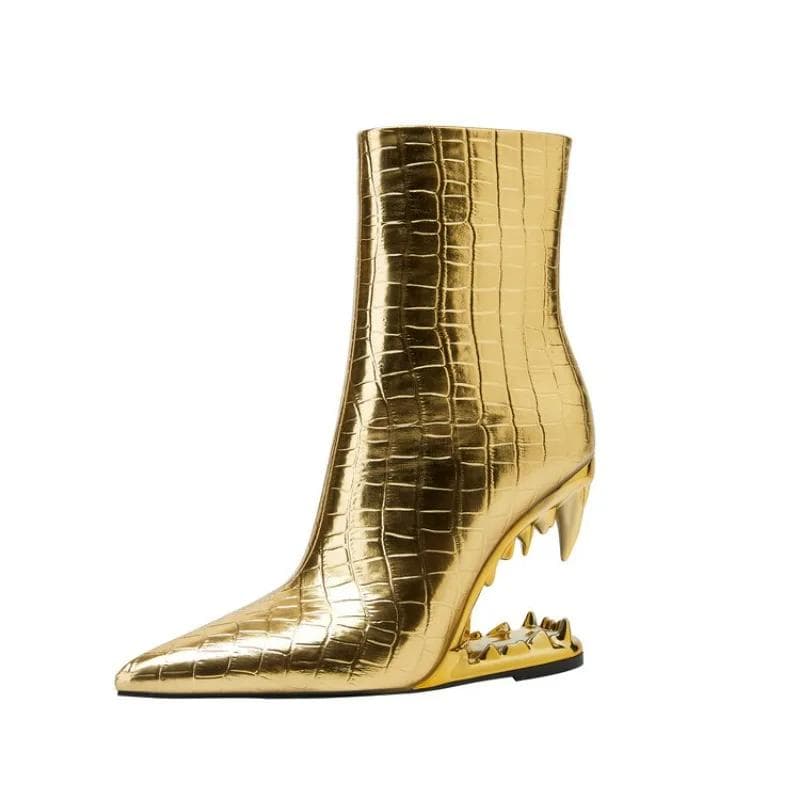 Moda Tamanho 35-43 Ouro Prata Salto Dentes de Tigre Botas Curtas Femininas Marca 2025 Estilo Europeu e Americano Estampa de Leopardo Sapatos de Bico F