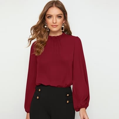 Borgonha Botão Simples elegante Blusa