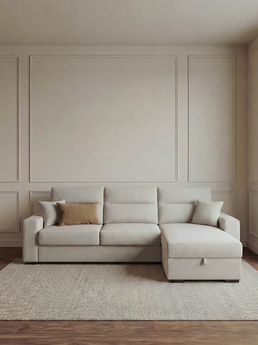Juls sofá cama reversível com chaise e baú pérola - Kenay Home
