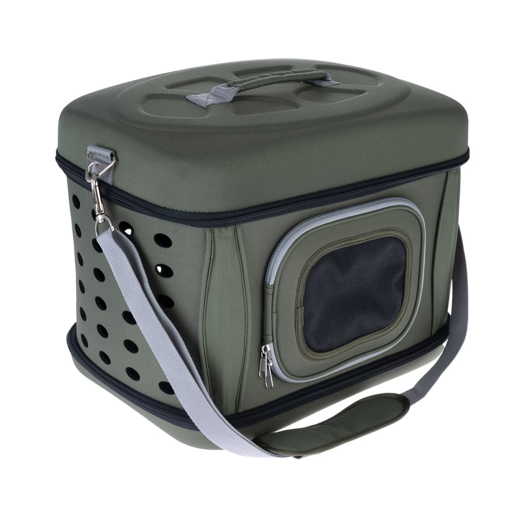 Transportadora dobrável para gatos e cães de porte pequeno verde, C 42 x L 32 x A 30 cm.