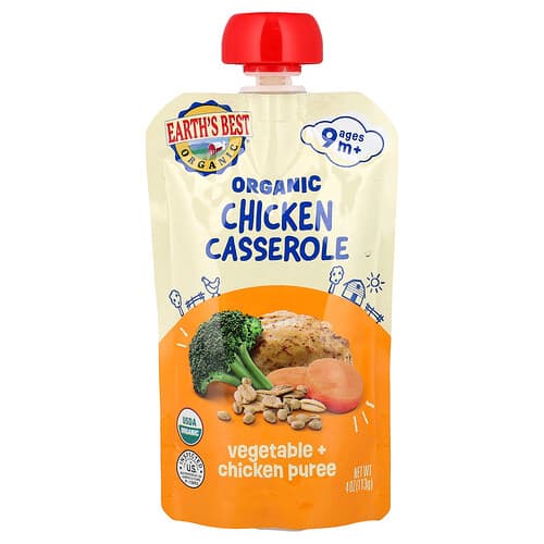 Earth's Best, Organic Vegetable + Chicken Puree, 9+ Months, Chicken Casserole, 4 oz (113 g)