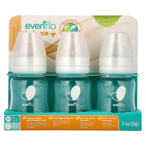 Evenflo Feeding, Balance+ Bottles, Standard, 0+ Months, Slow Flow, 3 Bottles, 4 oz (120 ml) Each