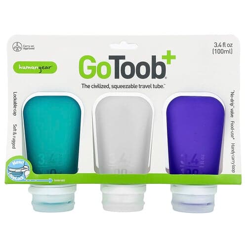 Humangear, GoToob+®, Travel Tube, Large, Clear, Purple & Teal, 3 Pack, 3.4 fl oz (100 ml) Each