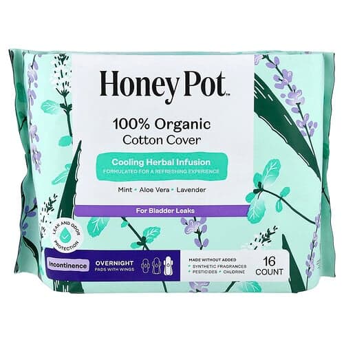 The Honey Pot Company, Organic Cooling Herbal Infusion, Pads with Wings, Incontinence Overnight, 16 Count