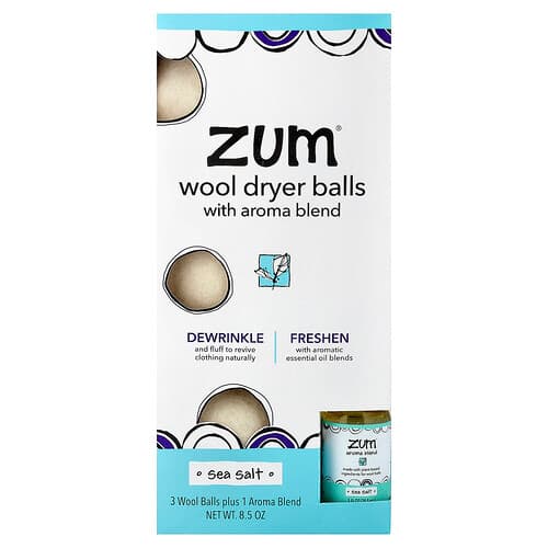 ZUM, Wool Dryer Balls with Aroma Blend, Sea Salt, 4 Pieces