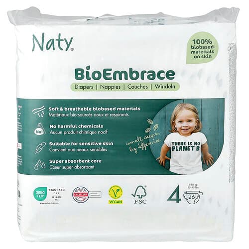 Naty, BioEmbrace Diapers, Size 4, 15-40 lbs, 26 Diapers