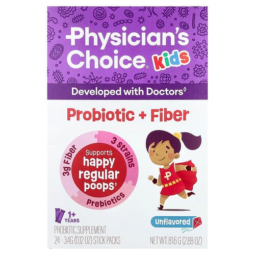 Physician's Choice, Kids Probiotic + Fiber, 1+ Years, Unflavored, 24 Stick Packs, 0.12 oz (3.4 g) Each